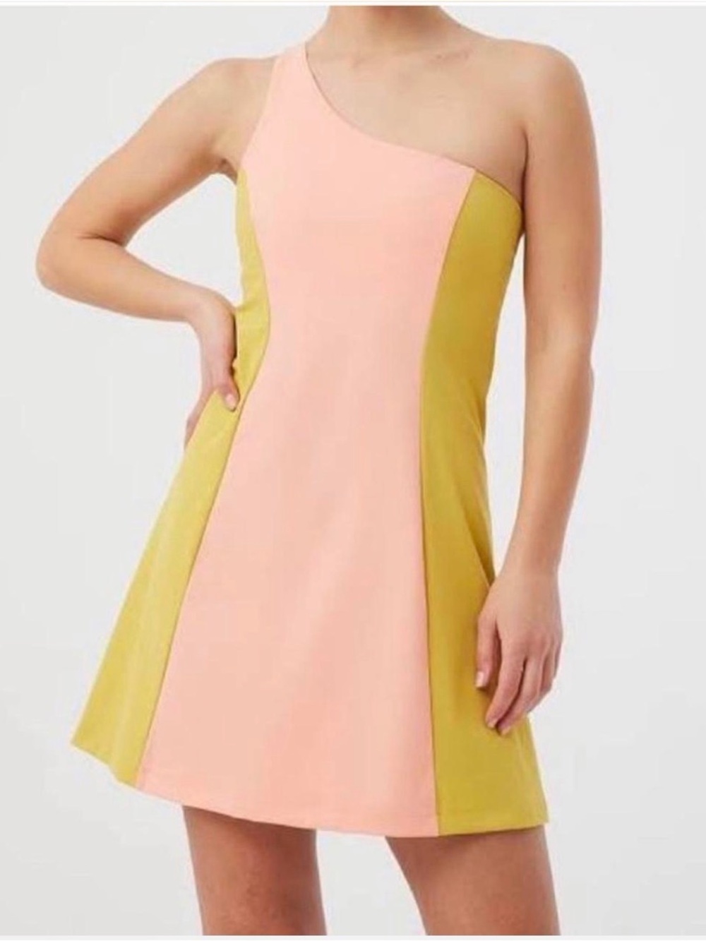 Outdoor Voices One-Shoulder Colorblock Athletic Dress in Peach and Yellow
